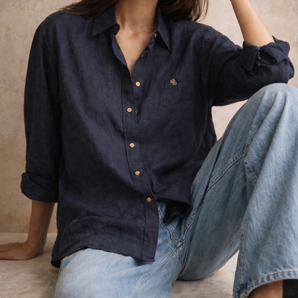 Ralph Lauren Tops - Ralph Lauren navy blue linen button down tunic top